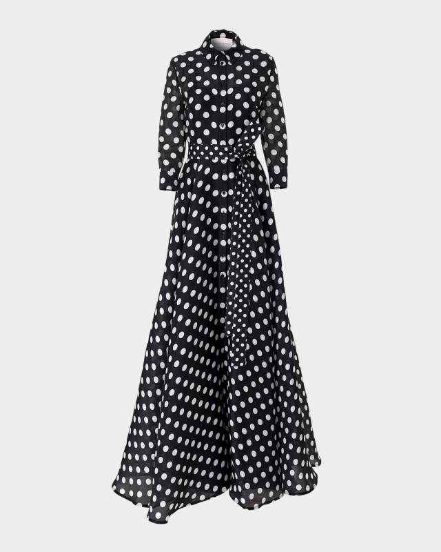 Polka-Dot Silk 3/4-Sleeve Trench Gown